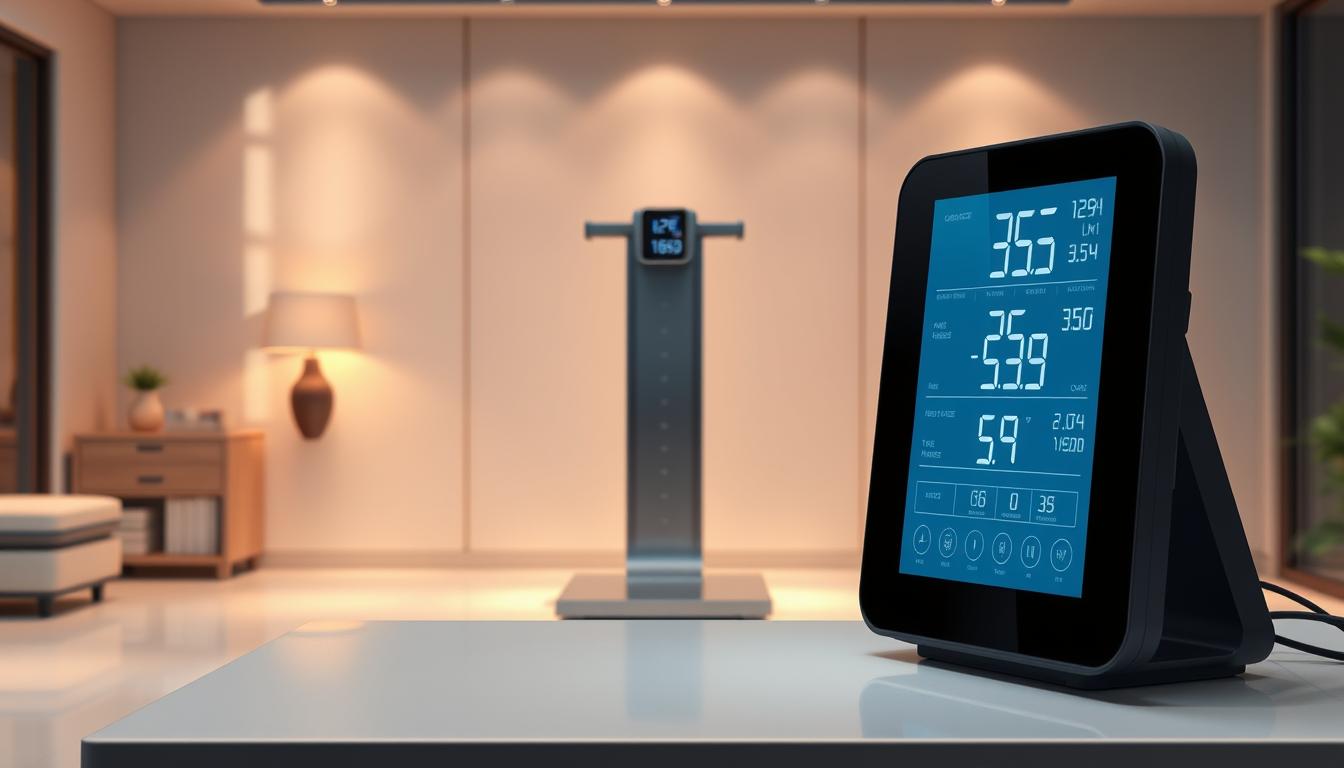 A sleek and modern setup for an advanced BMI calculator. In the foreground, a high-resolution digital display shows precise measurements and calculations. Beside it, a minimalist control panel with intuitive touch interfaces. In the middle ground, a professional-grade weight scale and height measurement station, their surfaces gleaming under warm, directional lighting. The background features a clean, neutral-toned environment, perhaps an elegant home office or a modern wellness center, allowing the equipment to take center stage. The overall atmosphere conveys a sense of technological sophistication and health-conscious attention to detail.