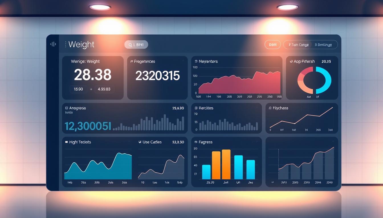 A sleek, data-driven dashboard with an advanced BMI calculator interface. A minimalist layout showcases key analytics - weight, height, BMI, and progress trends, all displayed on high-resolution graphs and charts. The background features a subtle grid pattern, conveying a sense of precision and organization. Warm, indirect lighting casts a soft glow, creating a professional, clinical atmosphere. The overall design is clean, intuitive, and optimized for at-a-glance understanding of one's health metrics. A sophisticated color palette of blues, grays, and whites reinforces the advanced, tech-savvy nature of this BMI calculator tool.