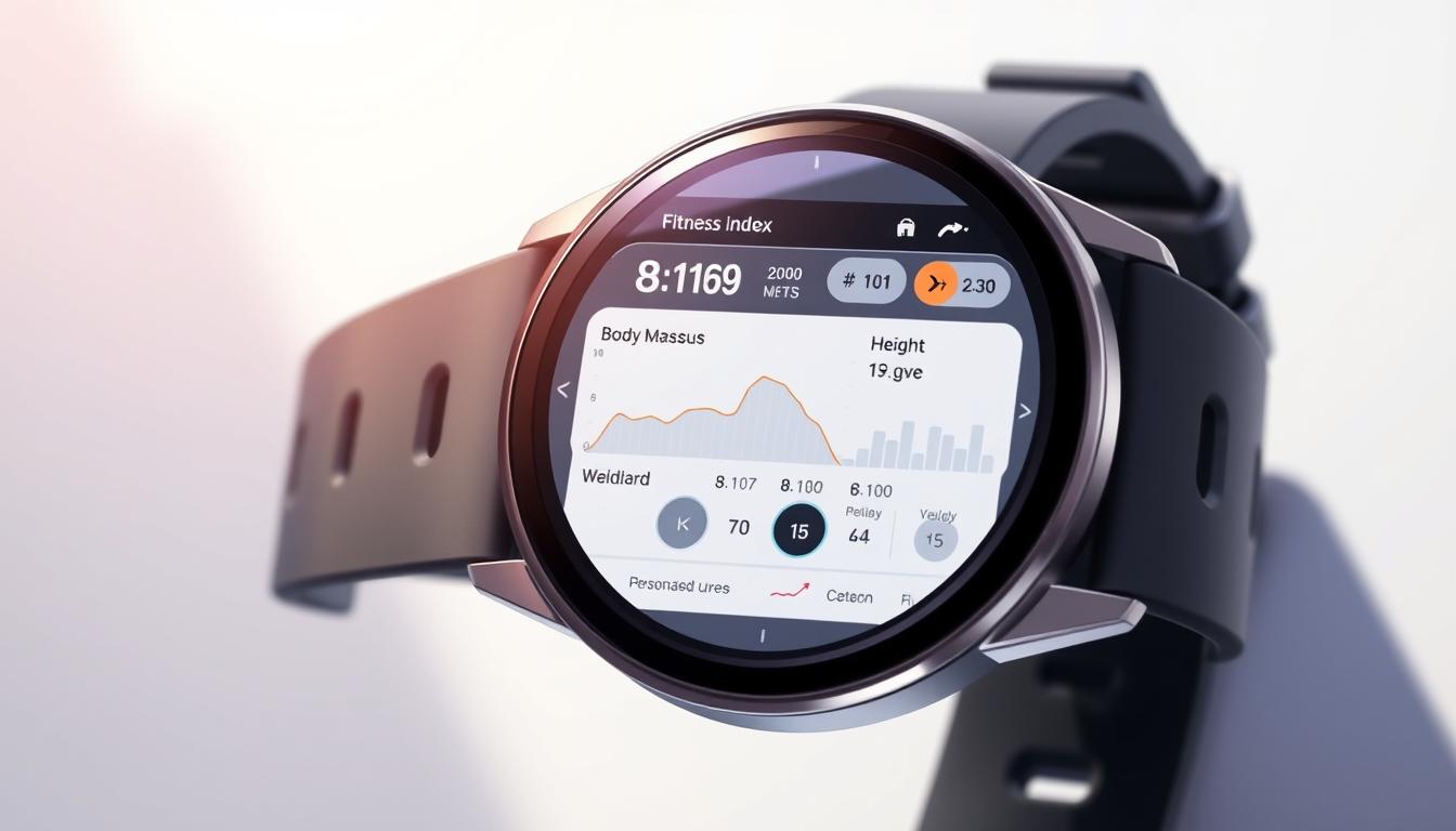 A well-lit, high-resolution, detailed image of a modern fitness tracker or smartwatch display, showcasing a comprehensive BMI analysis dashboard. The display features a clear, intuitive interface with visual cues and data visualizations, including a body mass index scale, weight and height inputs, and personalized interpretations of the user's BMI results. The dashboard is set against a clean, minimalist background, emphasizing the analytical and informative nature of the content. The overall mood is one of clarity, professionalism, and a focus on personal health and wellness.