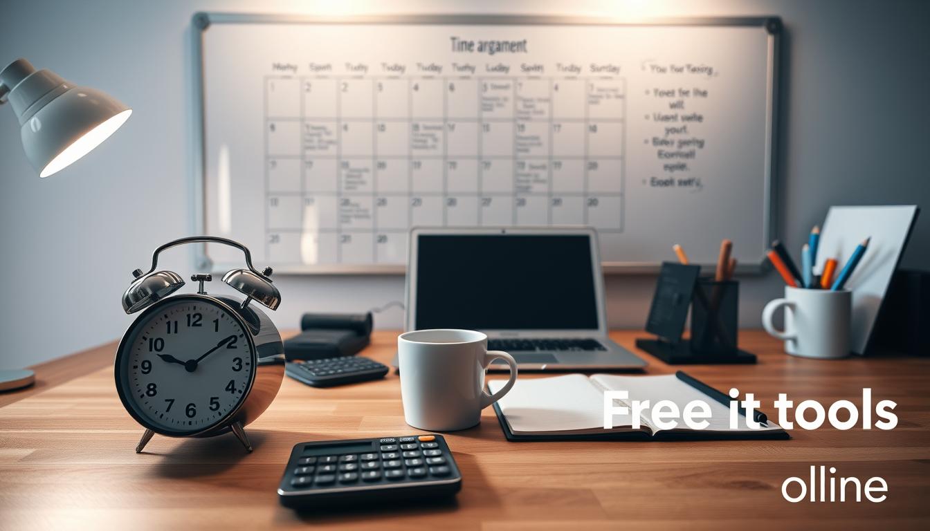 A well-organized workspace with various time management tools neatly arranged. In the foreground, a modern digital alarm clock, a calculator, and a cup of coffee sit on a minimalist wooden desk. In the middle ground, a laptop, a physical planner, and a pen holder create a harmonious scene. The background features a sleek whiteboard displaying a schedule and inspirational quotes, bathed in soft, directional lighting. The overall atmosphere exudes focus, productivity, and a sense of control. In the corner, the text &quot;Free it tools online&quot; subtly complements the scene.