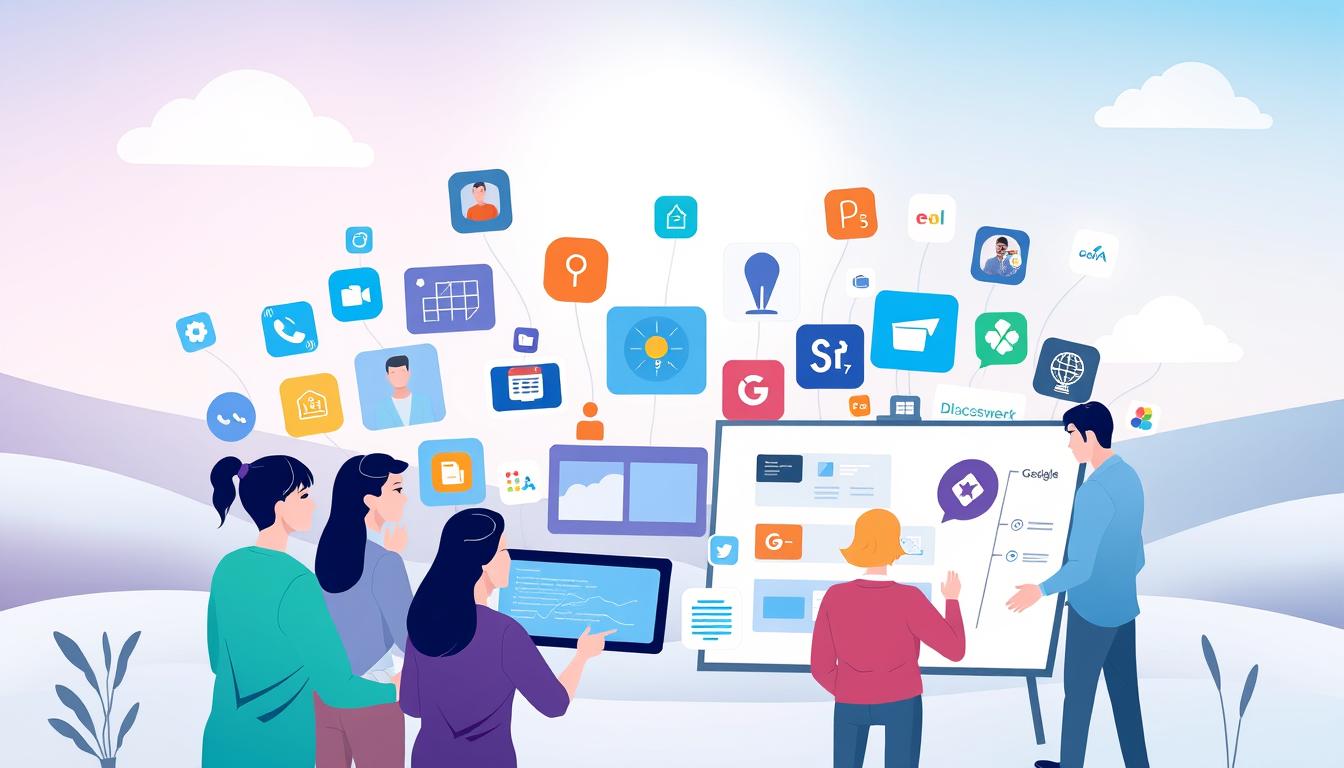 A modern and vibrant illustration of collaboration tools, showcasing a diverse array of web applications and cloud-based software. In the foreground, a group of people collaborating on a digital whiteboard, their avatars representing different roles and disciplines. In the middle ground, various productivity and communication apps are arranged, including a video conferencing tool, a project management platform, and the &quot;Free it tools online&quot; brand. The background features a serene, minimalist landscape with a soft, diffused lighting, creating a sense of harmony and productivity. The overall composition conveys the seamless integration of digital tools that empower teams to work together effectively.