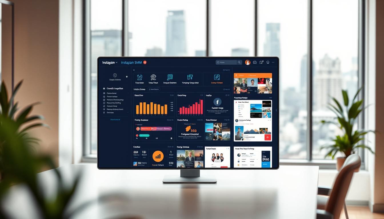 An image of a vibrant, modern Instagram SMM panel showcasing its features and benefits. The foreground depicts a sleek, minimalist user interface with intuitive controls and customizable analytics dashboards. The middle ground highlights various growth-oriented services like follower acquisition, engagement boosting, and targeted advertising. The background sets the scene with a clean, professional office environment with a large window overlooking a bustling cityscape. Soft, diffused lighting creates a warm, inviting atmosphere, while strategic camera angles and depth of field draw the viewer's attention to the panel's key offerings. The overall composition conveys a sense of efficiency, reliability, and a proven track record of helping businesses succeed on Instagram.