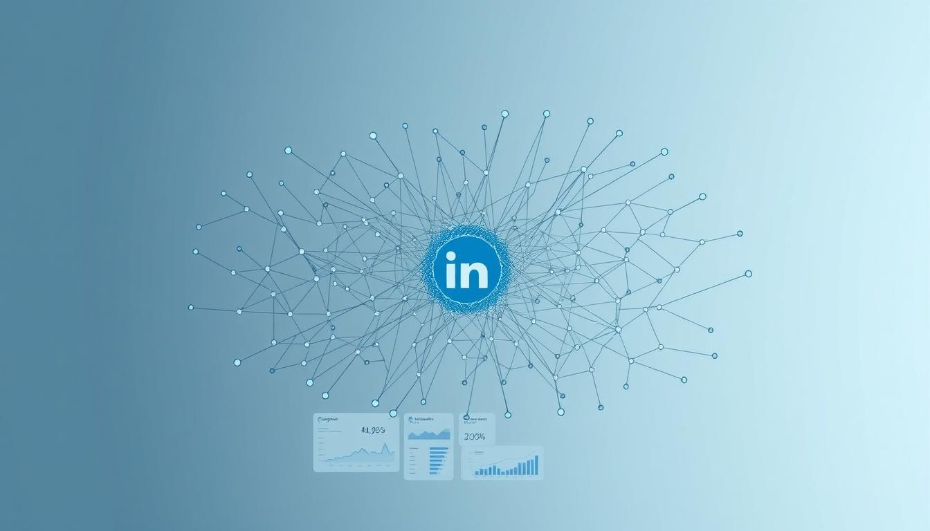 A complex neural network diagram against a sleek, minimalist background. The foreground features a central hub with interconnected nodes and edges, representing the intricate inner workings of the LinkedIn algorithm in 2025. The middle ground showcases data visualizations and analytical charts, providing insights into user engagement metrics and content performance. The background is a subtle gradient, emphasizing the technological and data-driven nature of the subject. Lighting is soft and directional, creating depth and highlighting the key elements. The overall mood is one of sophistication, innovation, and a deep understanding of the evolving landscape of social media algorithms.