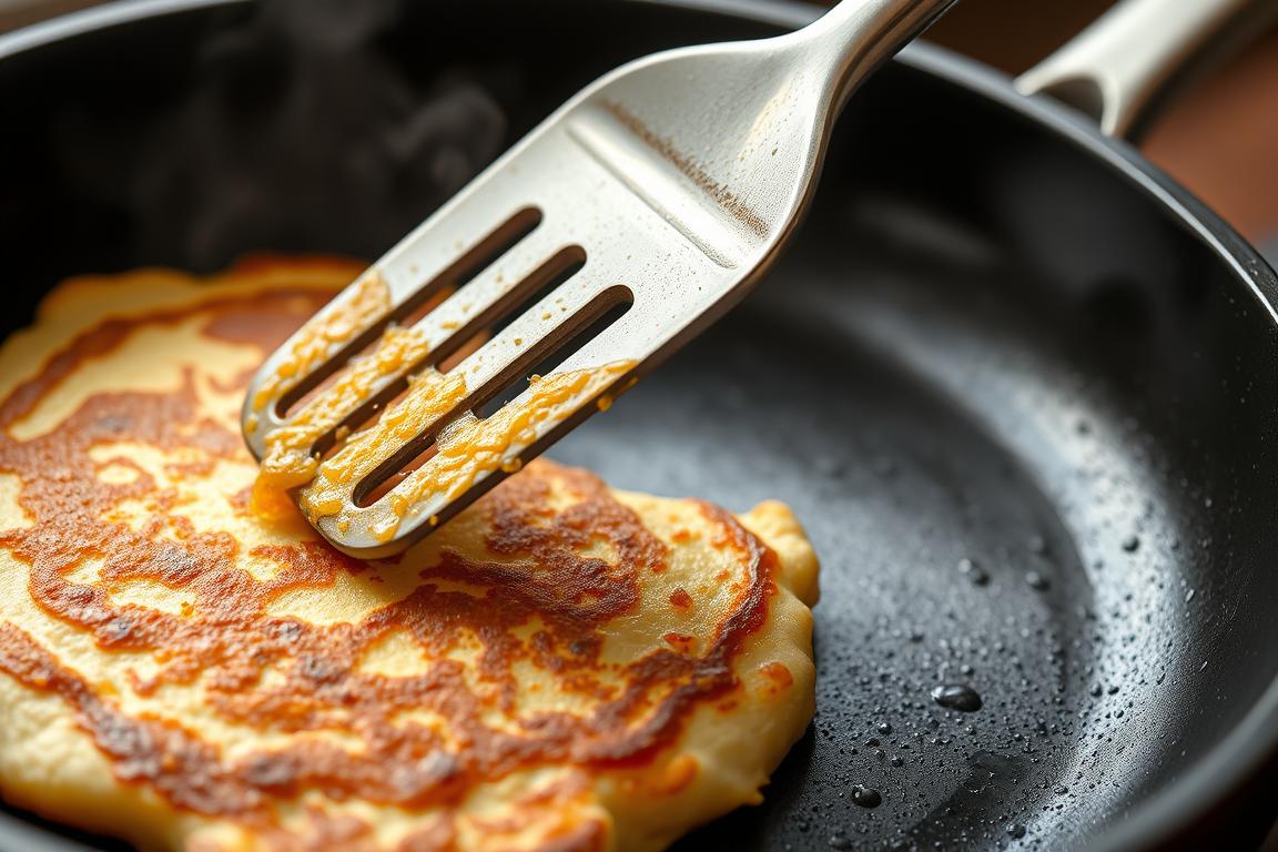 Are Pancakes Keto-Friendly? A Complete Guide to Low-Carb Alternatives 11 Perfectly cooked keto pancakes being flipped in a pan