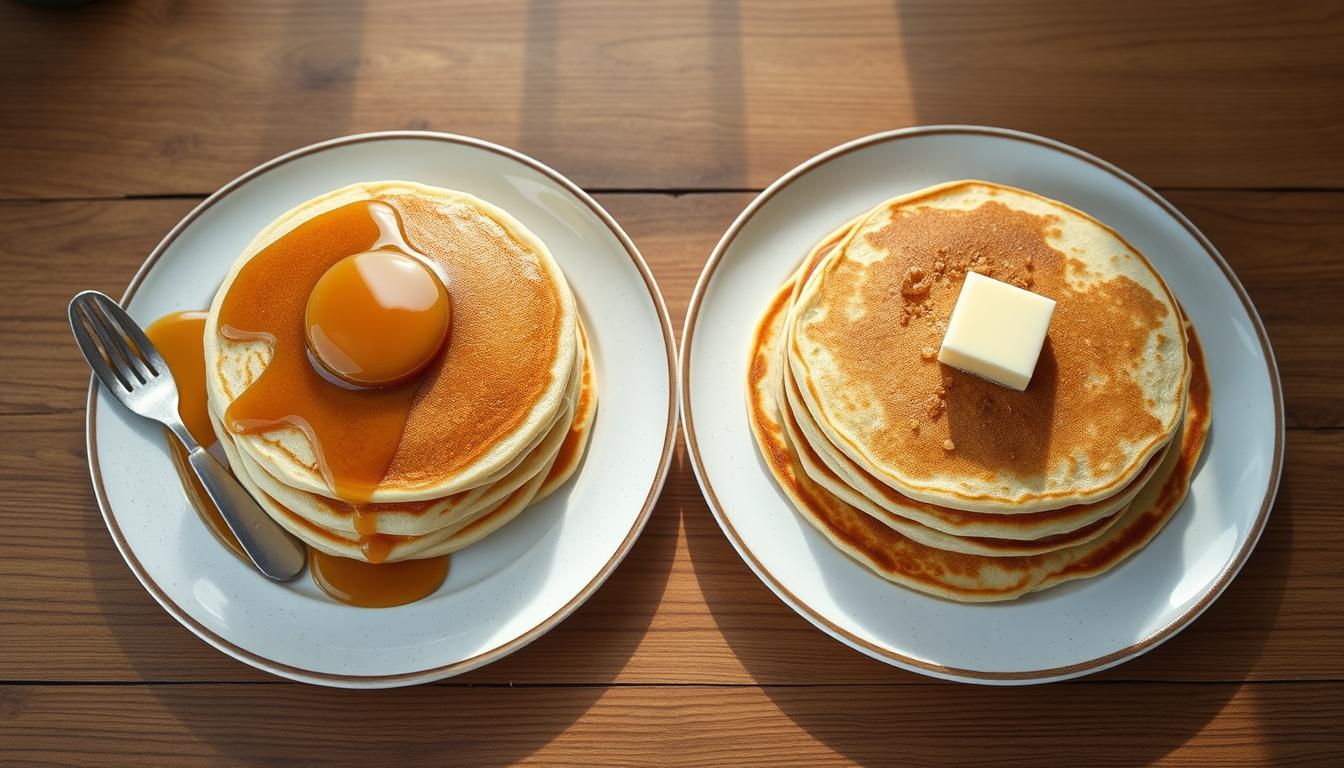 Are Pancakes Keto-Friendly? A Complete Guide to Low-Carb Alternatives 2 Traditional pancakes stacked with syrup compared to keto pancakes with butter