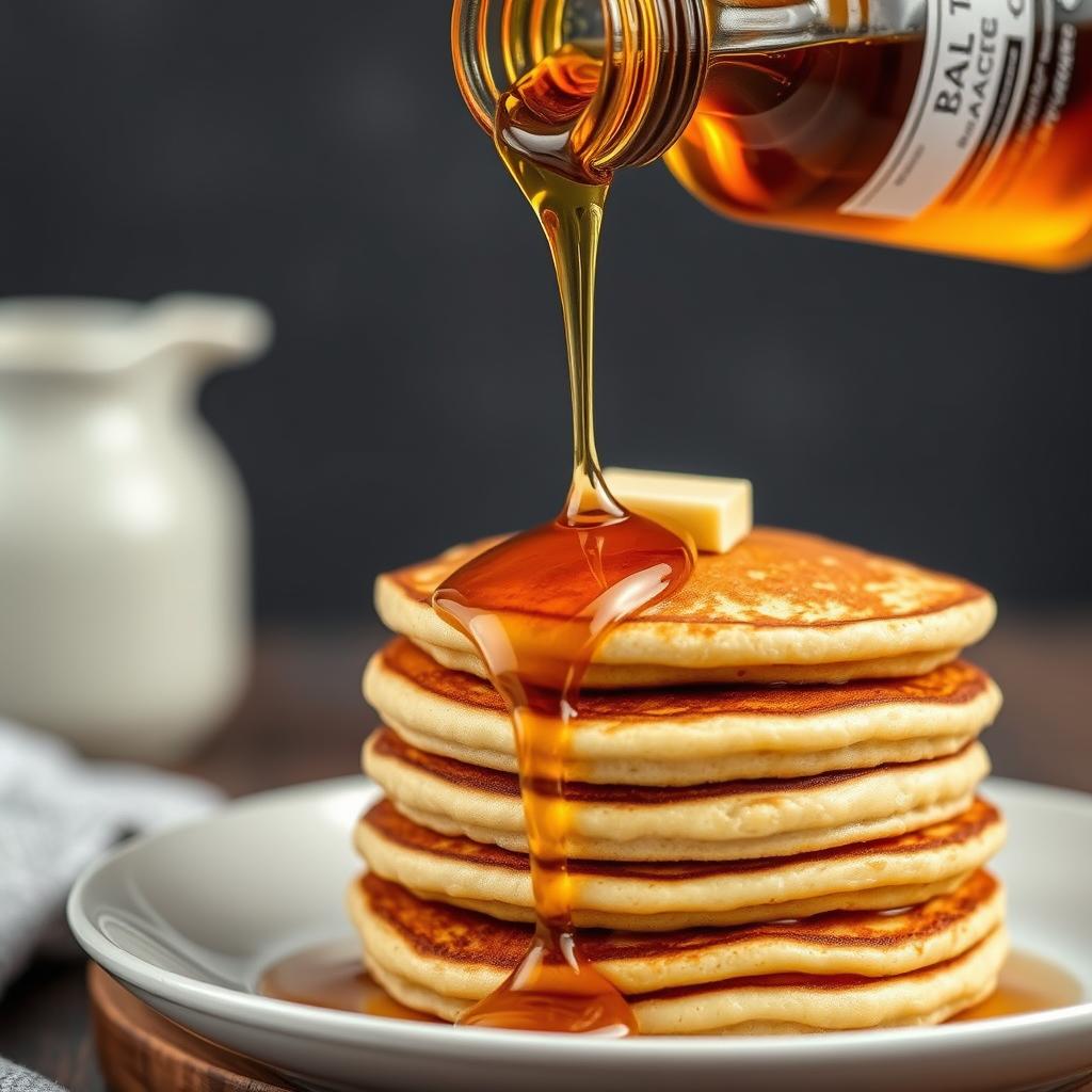 Are Pancakes Keto-Friendly? A Complete Guide to Low-Carb Alternatives 12 Sugar-free maple syrup being poured on keto pancakes