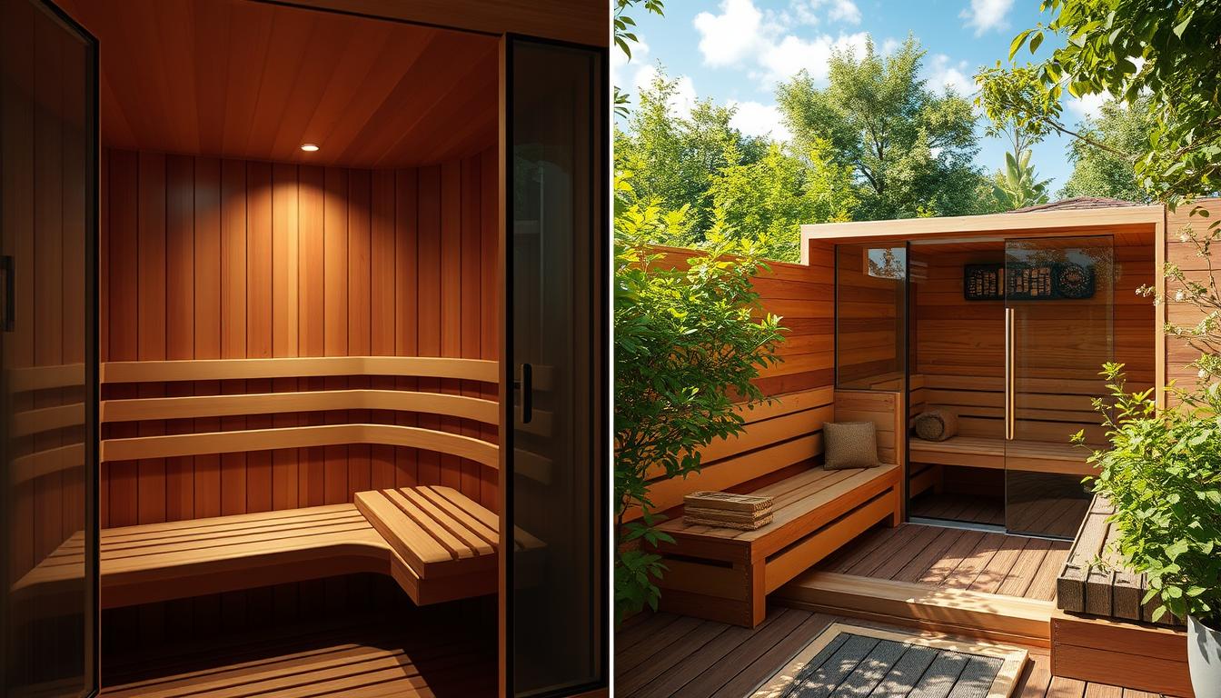 Prompt An indoor infrared sauna interior, with sleek wooden benches and soft lighting, contrasting with an outdoor infrared sauna surrounded by lush greenery, with a view of the sky. The indoor sauna has a cozy, relaxing atmosphere, while the outdoor sauna blends seamlessly with nature, creating a serene and rejuvenating experience. The image captures the key differences between these two sauna environments, highlighting the unique benefits and ambiance of each setting, to illustrate the options available for optimal wellness.