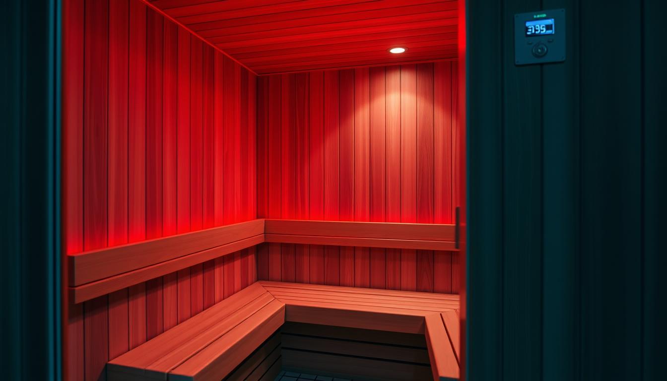 A cozy, modern infrared sauna with clean lines and sleek, wood-paneled walls. The sauna is bathed in a warm, red glow from the integrated red light therapy system, creating a serene and rejuvenating atmosphere. The interior features comfortable bench seating, adjustable heating controls, and an intuitive digital display. Soft, diffused lighting illuminates the space, while strategically placed infrared panels radiate gentle, therapeutic heat. The scene is captured from a slightly elevated angle, showcasing the sauna's minimalist design and inviting ambiance.