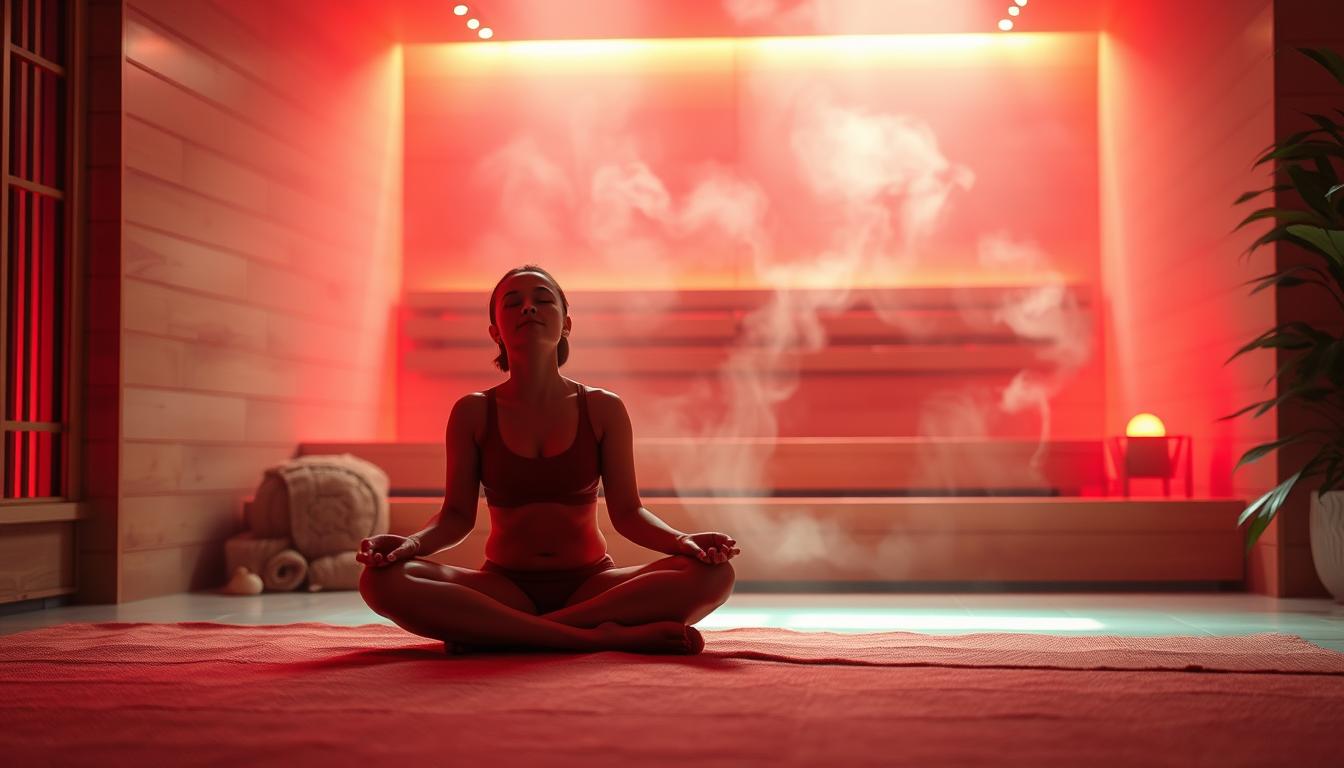 A warm, glowing red light shines on a serene, minimalist scene. In the foreground, a person sits cross-legged, eyes closed, basking in the therapeutic radiance. The light casts a soft, enveloping glow, creating a sense of tranquility and rejuvenation. In the middle ground, wispy tendrils of steam rise from a relaxing sauna, hinting at the detoxifying benefits. The background features a natural, earthy palette, with wooden accents and lush greenery, evoking a holistic, spa-like ambiance. The overall mood is one of calm, restorative wellness, capturing the health-boosting effects of red light therapy.