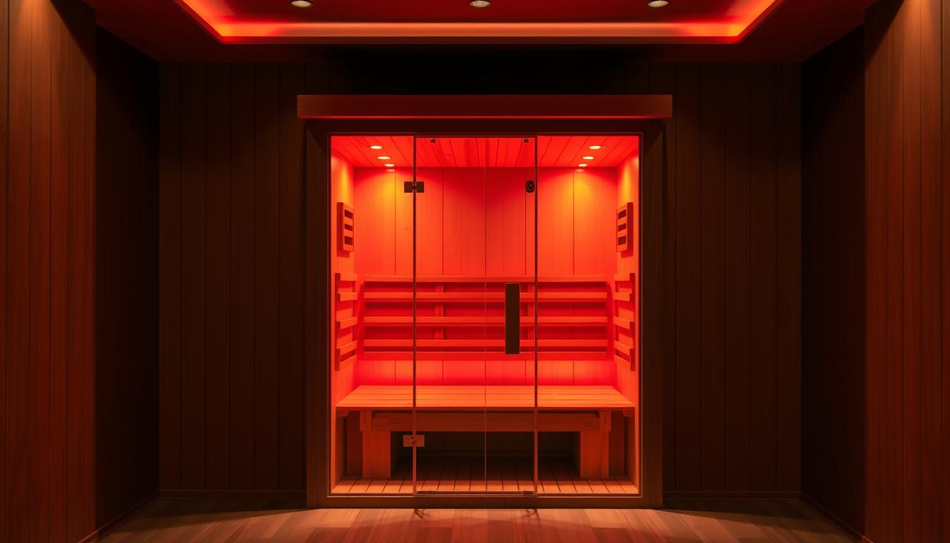 A dimly lit room with an infrared sauna in the center, its wooden panels emitting a warm, reddish glow. The sauna's interior is visible through a transparent glass front, revealing the infrared heating elements mounted on the walls. Warm air circulates gently, creating a cozy, relaxing atmosphere. The background is blurred, suggesting a spa-like setting with minimal distractions. The overall composition emphasizes the technical details and the unique heat source of the infrared sauna, capturing the essence of how it differs from a traditional steam-based sauna.