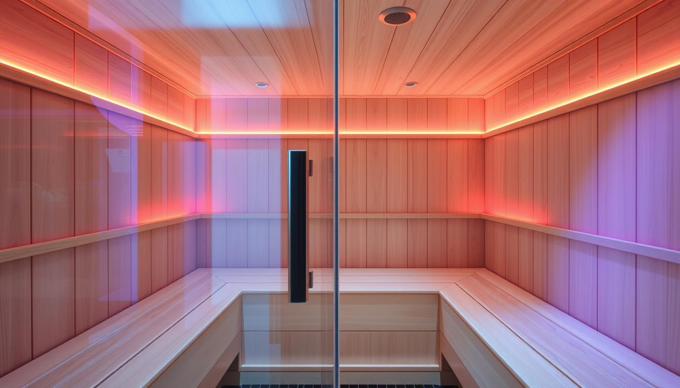A well-lit infrared sauna interior with a sleek, modern design. The sauna's benches are made of smooth, light-colored wood, creating a warm and relaxing ambiance. Infrared heaters are strategically placed, emitting a soft, reddish glow. The glass door offers a clear view of the sauna's interior, allowing natural light to filter in. The space is uncluttered, with a simple, minimalist aesthetic that prioritizes safety and comfort. The overall mood is serene, with a focus on the sauna's health benefits and the importance of proper usage and precautions.