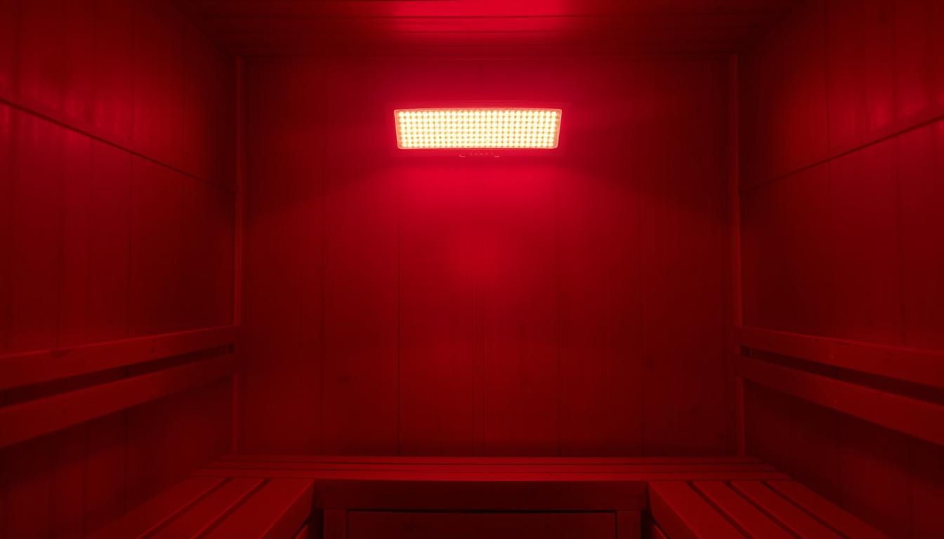 A dimly lit infrared sauna interior, bathed in a warm, deep red glow. The focal point is a glowing red light panel mounted on the wall, emitting therapeutic infrared rays. The sauna's wooden slats and benches are visible in the foreground, while the background is shrouded in a hazy, atmospheric red hue. The lighting is soft and diffused, creating a calming, meditative ambiance. The camera angle is slightly elevated, providing a perspective that immerses the viewer in the therapeutic experience of the red light therapy within the sauna setting.