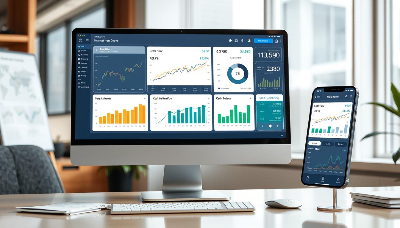 شاشة كمبيوتر تعرض برنامج محاسبي متطور لإدارة التدفقات النقدية مع لوحات تحكم ورسوم بيانية