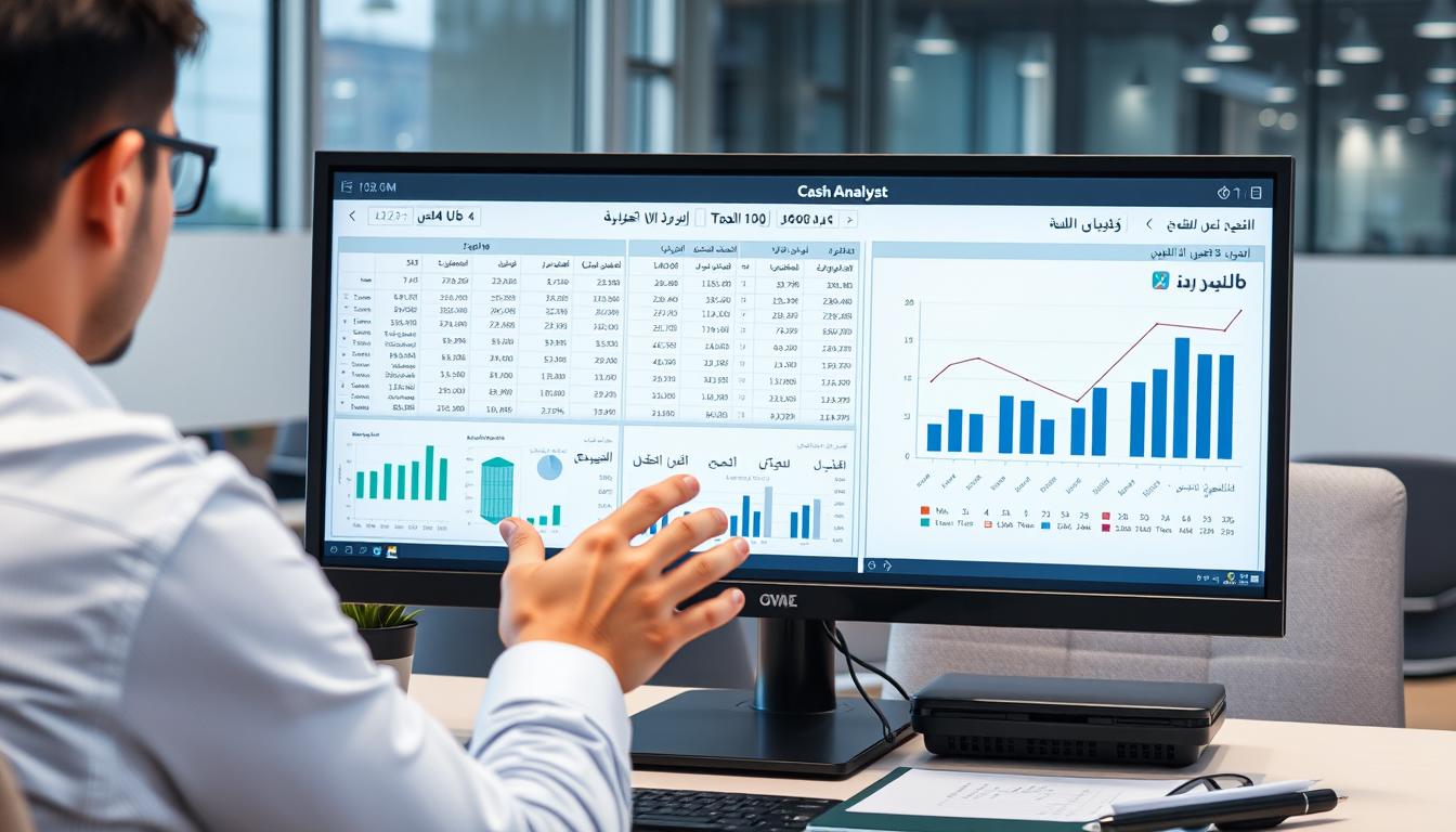 محلل مالي يقوم بتحليل التدفقات النقدية باستخدام الرسوم البيانية والأدوات التحليلية