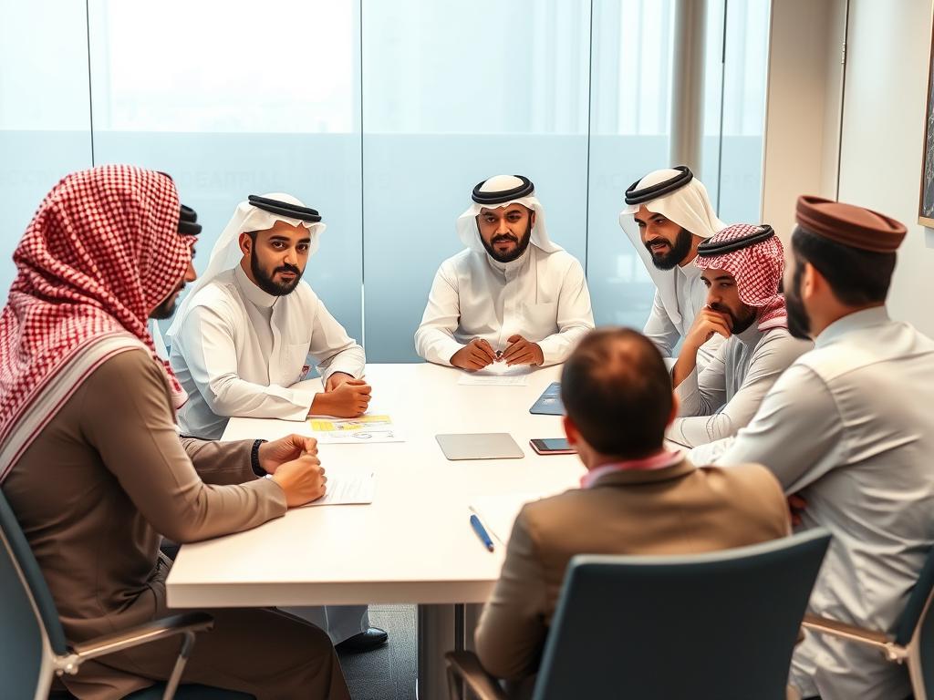 مجموعة من الموظفين في اجتماع عمل يمثل العلاقات المهنية