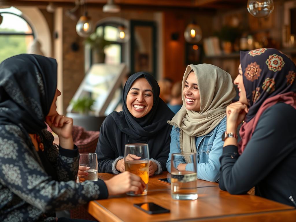 مجموعة من الأصدقاء العرب يجتمعون في مقهى يمثل علاقات الصداقة