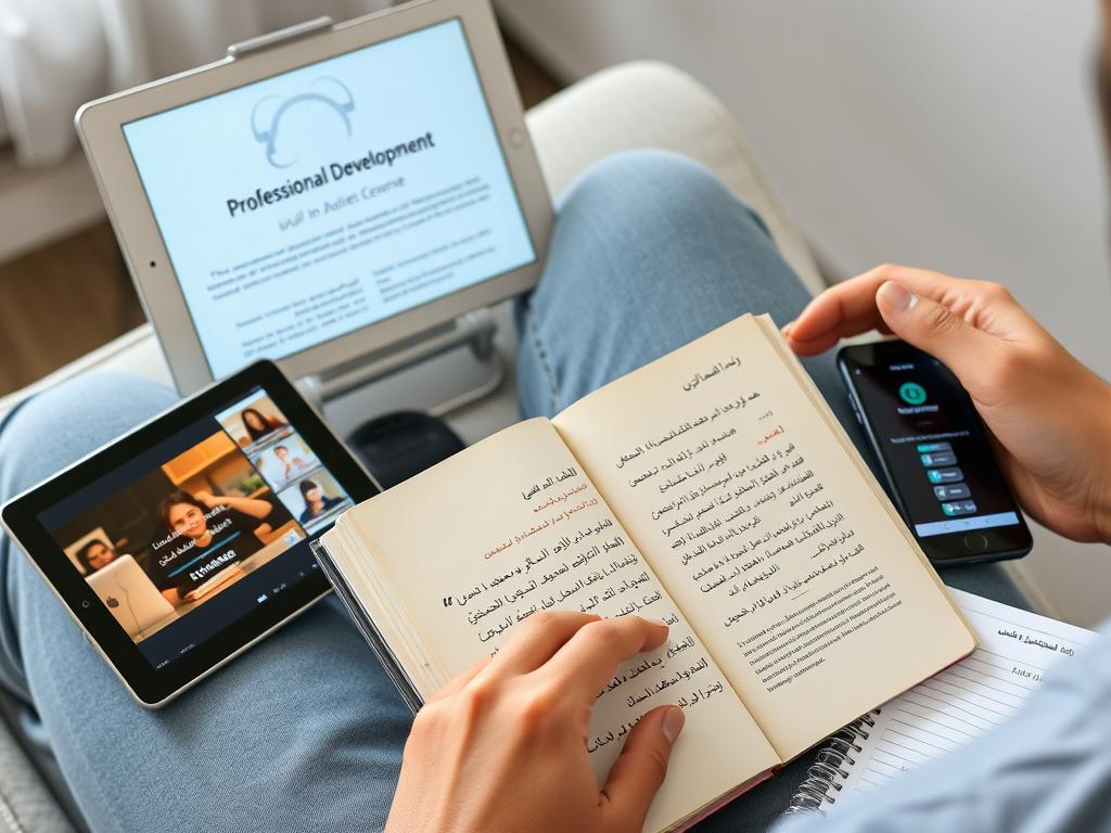 شخص يقرأ كتاباً عن تطوير الذات في العمل مع أدوات تعلم رقمية