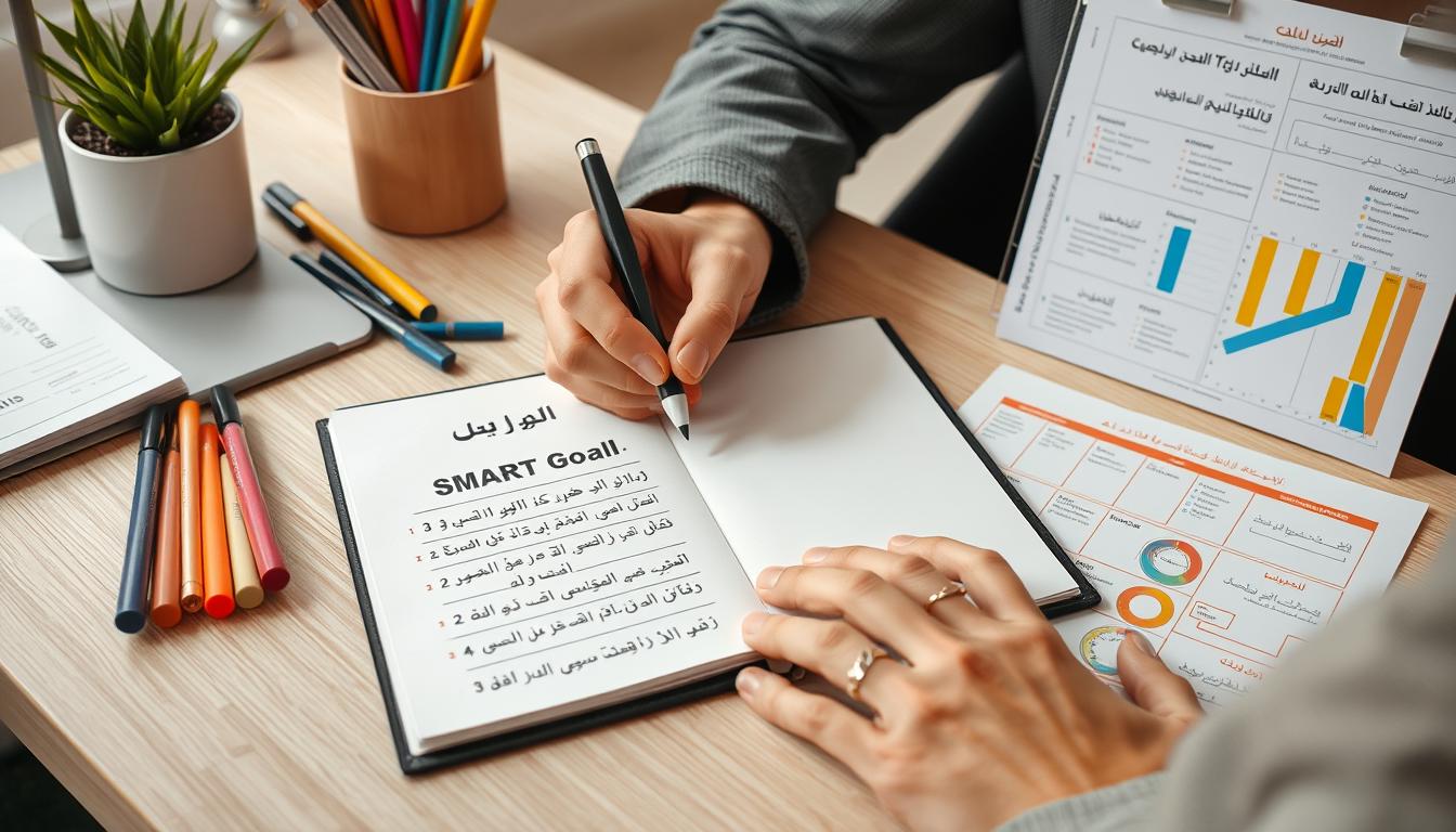 شخص يكتب أهدافه المهنية ويخطط لتطوير الذات في العمل