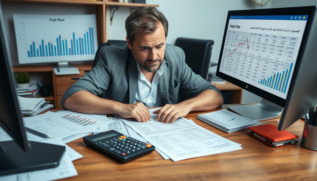 رجل أعمال يواجه تحديات في إدارة التدفقات النقدية مع رسوم بيانية توضح المشاكل