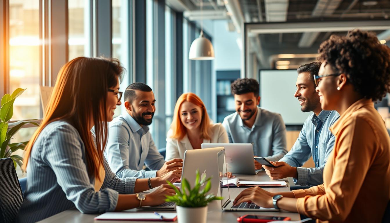 موظفون يتعاونون في بيئة عمل حديثة لتطوير الذات