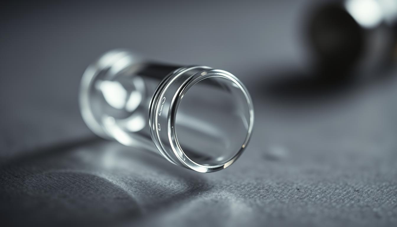 A highly detailed, close-up view of a glass filter tip in the shape of a 12mm bullet. The filter is made of transparent, high-quality glass with a smooth, flawless surface. The lighting is soft and diffused, highlighting the elegant contours and subtle imperfections of the glass. The camera angle is slightly elevated, capturing the filter tip from an angled perspective that emphasizes its sleek, tapered design. The background is blurred and muted, allowing the glass filter to be the sole focus of the image. The overall atmosphere is one of refined sophistication, showcasing the premium quality and craftsmanship of this specialized smoking accessory.