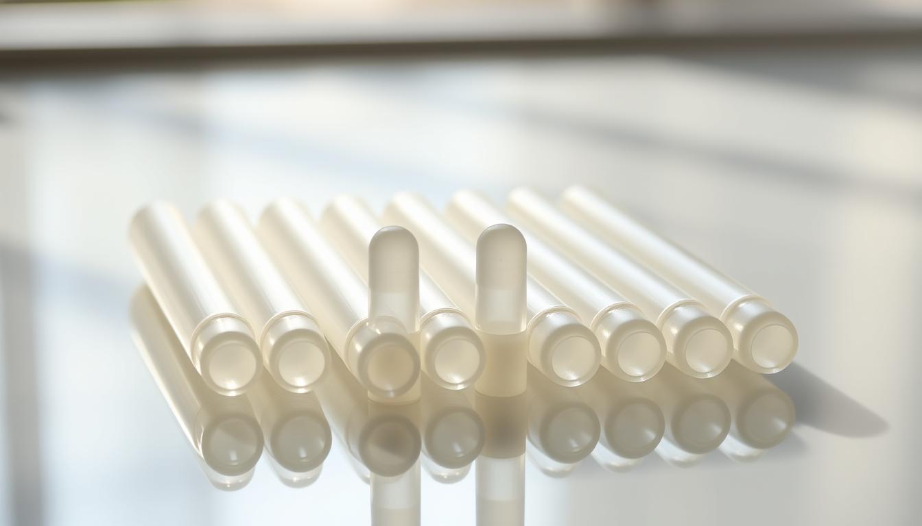 High-quality, finely-detailed macro photograph of a set of 12mm glass filter tips for blunts and joints, arranged on a clean, reflective surface with soft, natural lighting illuminating the translucent, frosted glass bodies and smooth bullet tips. The tips are precisely aligned, highlighting their uniform shape and size. The scene has a clean, minimalist aesthetic, allowing the glass filters to be the sole focus, conveying a sense of sophistication and attention to detail suitable for a premium smoking accessory product.
