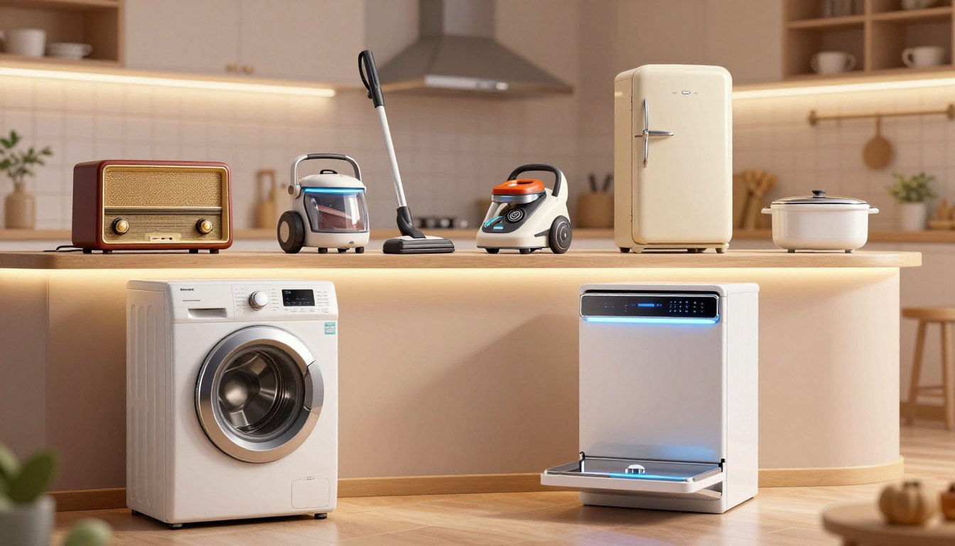 A visually striking illustration depicting the evolution of household appliances across various historical periods. In the foreground, feature an elegant, vintage washing machine with ornate details, alongside a sleek, modern dishwasher designed with futuristic aesthetics. The middle layer should showcase a timeline of appliances, including a retro radio, an early vacuum cleaner, and a classic refrigerator, arranged in a beautifully lit space that suggests both nostalgia and innovation. In the background, create a subtle, blurred effect of a cozy kitchen setting, infused with warm, ambient lighting, which conveys a sense of home. The overall mood should be a blend of comfort and wonder, highlighting the incredible journey of household inventions, all rendered in high-resolution with a soft focus effect to enhance the emotional depth of the image.