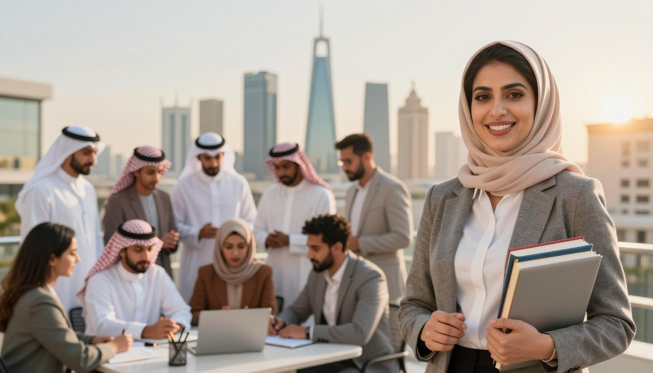 A vibrant collage depicting inspiring Saudi personalities who have transformed their lives through knowledge. In the foreground, show a professional Saudi woman in business attire, smiling confidently while holding books and a laptop. In the middle, feature a diverse group of men and women, engaged in discussions and sharing ideas in a modern office setting. The background should showcase a skyline of Riyadh with iconic architecture, bathed in warm sunlight, symbolizing a bright future. Soft, inspirational lighting creates a positive atmosphere, with a slightly blurred depth of field to emphasize the characters’ expressions and achievements. The overall mood is uplifting and motivating, celebrating the power of knowledge in personal development.