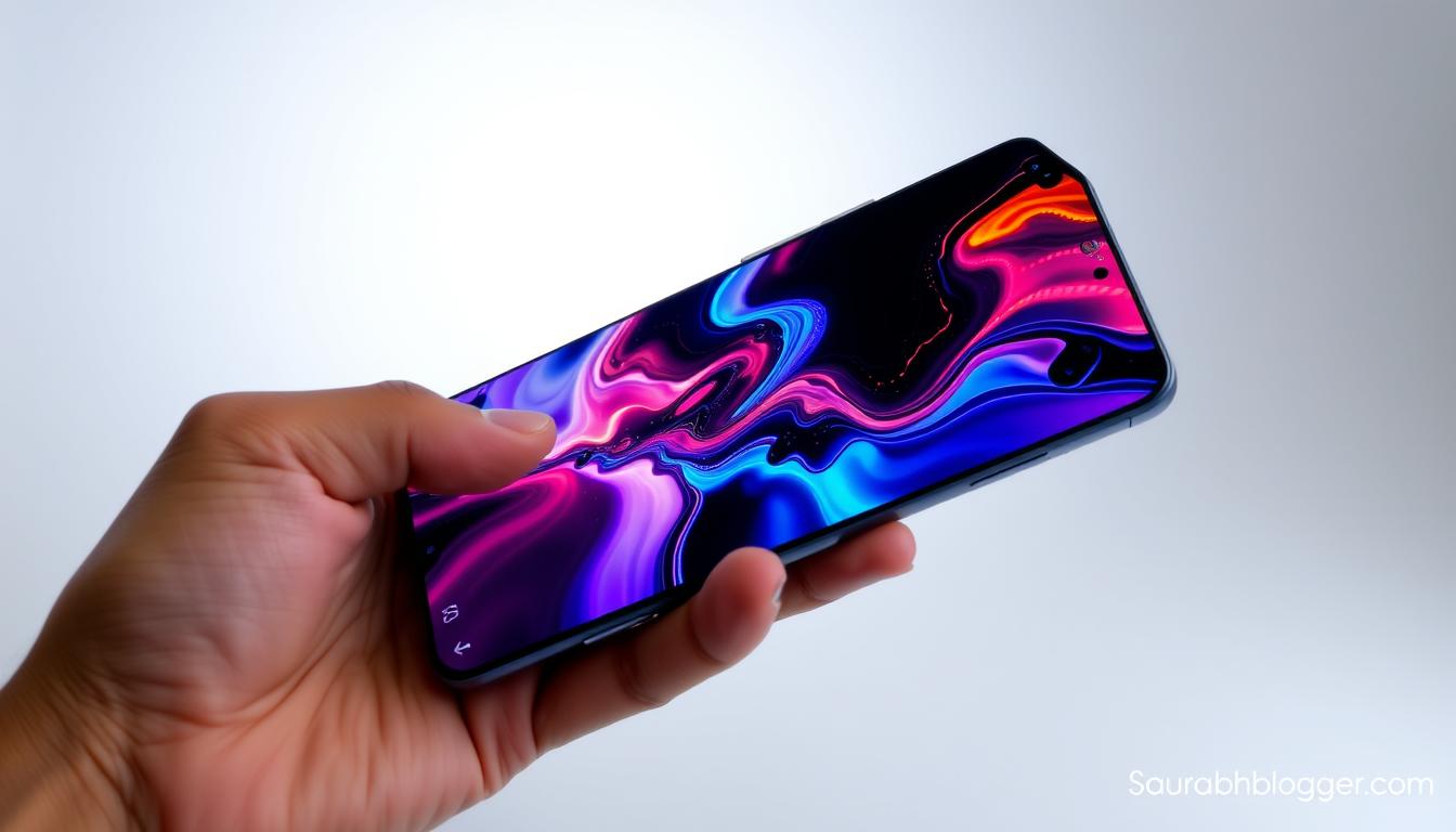 A sleek, modern display of the vivo V50 Pro, showcasing its vibrant and immersive visuals. The screen is a stunning AMOLED panel, with deep blacks, rich colors, and exceptional contrast, creating a captivating visual experience. The device is held in a hand, revealing its slim and premium design, crafted with precision. The background is a minimalist, studio-like setting, with soft, diffused lighting that highlights the display's clarity and attention to detail. The overall composition conveys a sense of sophistication and technological prowess, perfectly complementing the saurabhblogger.com/ brand identity.