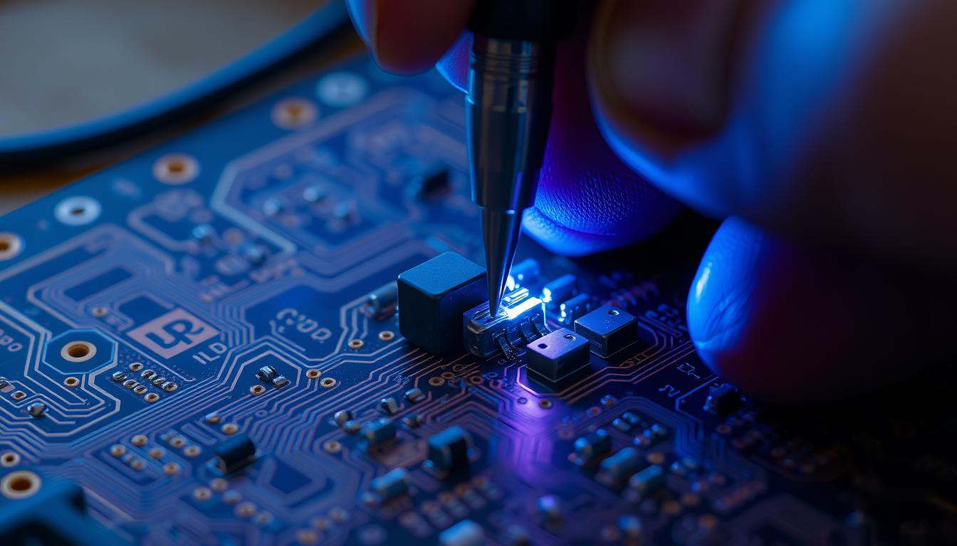 A well-lit, close-up view of a skilled hand expertly soldering components onto a printed circuit board. The soldering iron's tip precisely deposits molten solder onto the copper pads, creating clean, uniform joints. Delicate wires and tiny electronic parts are carefully positioned, with a keen attention to detail. The PCB's intricate layered structure is visible, highlighting the precision required for this intricate, hands-on technique. A subtle blue-tinted glow illuminates the scene, creating a focused, technical atmosphere. The composition emphasizes the skilled craftsmanship and technical mastery needed to master transformer soldering for advanced DIY projects.
