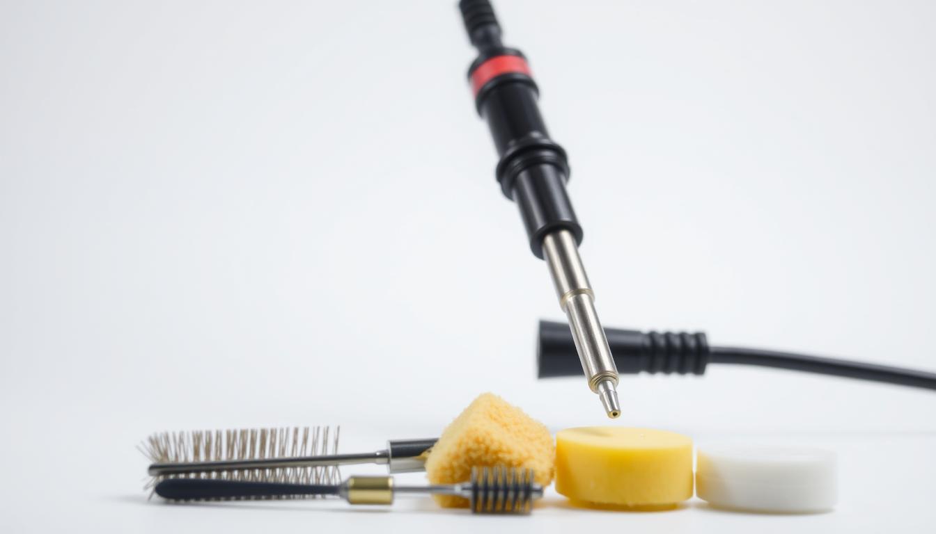 A meticulously crafted soldering iron maintenance guide, featuring a close-up view of a high-quality soldering iron against a clean, minimalist background. The iron is positioned at a slight angle, illuminated by soft, indirect lighting that showcases its sleek, metallic design and intricate details. In the foreground, a set of essential maintenance tools, such as a wire brush, sponge, and flux, are neatly arranged, hinting at the step-by-step instructions for proper soldering iron care. The overall mood is one of precision, practicality, and a commitment to extending the lifespan of this essential DIY tool.