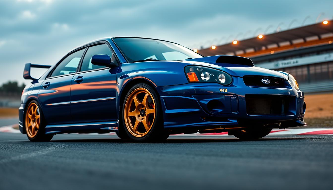 A sleek and muscular 2004 Subaru Impreza WRX STI in World Rally Blue, its massive spoiler and aggressive stance commanding attention. The golden wheels shine under the warm lighting, contrasting beautifully with the deep blue body. The low, wide stance and flared fenders hint at the raw power within, ready to tackle the toughest roads. In the background, a blurred racing track suggests the car's rally-bred heritage and performance credentials. Captured from a low, dynamic angle, the image conveys the WRX STI's unmistakable design, where form follows function in the pursuit of pure driving excitement.