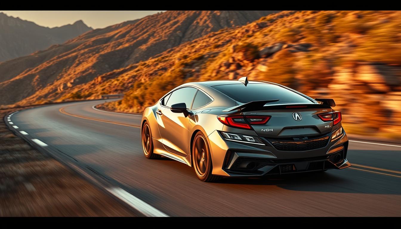A sleek 2025 Acura Integra Type S, its turbocharged engine roaring, carves through a scenic mountain road bathed in the warm glow of golden hour. The sharp motion blur conveys the exhilarating speed as the Integra hugs the curves, its bold design lines and pronounced hood scoop evoking the legendary performance heritage of the iconic nameplate. The cinematic framing and dramatic lighting create an atmospheric, enthusiast-focused scene that captures the essence of the Integra's thrilling return.