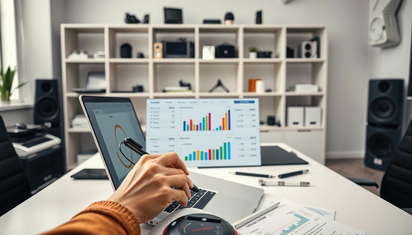 A sleek, modern office setting with a well-lit desk showcasing an entrepreneur meticulously organizing their finances. In the foreground, a laptop displays a dynamic, percentage-based allocation system with colorful graphs and charts. The entrepreneur's hands manipulate digital tools like a stylus and touchpad, navigating the intricate budgeting software. In the middle ground, shelves hold various gadgets and resources, reflecting the entrepreneur's tech-savvy approach to managing their multiple income streams. The background is subtly blurred, emphasizing the focus on the financial planning process. The scene conveys a sense of control, efficiency, and a forward-thinking mindset for the entrepreneur's budgeting strategy.