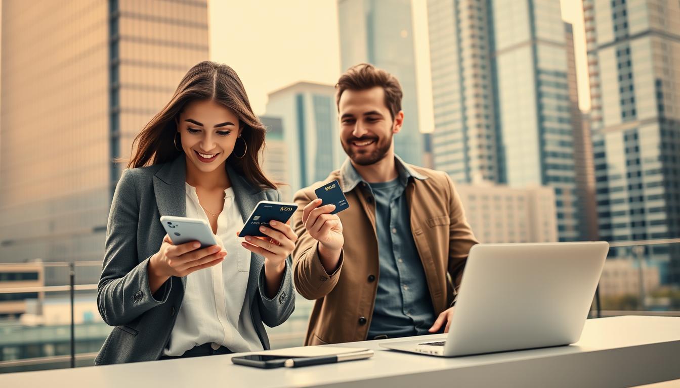 A stylish Canadian couple enjoying their KOHO cashback rewards, set against a backdrop of modern urban architecture. In the foreground, a woman in a chic blazer taps on her smartphone, monitoring her digital finance app. Her partner, in a casual-yet-refined outfit, holds up a KOHO card, showcasing the cashback features. The middle ground features a sleek, minimalist desk setup, hinting at their tech-savvy, wealth-building lifestyle. The background depicts a cityscape of glass towers, reflecting the dynamic and progressive nature of their passive income strategies. Warm, diffused lighting creates a sense of prosperity and optimism, capturing the essence of modern Canadian finance.