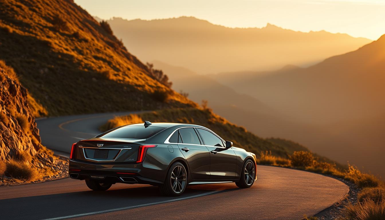 Cadillac CT5 parked on a winding mountain road, bathed in the warm glow of a cinematic sunset. The sleek, elegant silhouette of the luxury sedan commands attention, its sharp lines and bold design language hinting at Cadillac's electrification strategy. The surrounding landscape is lush and verdant, framing the CT5 with a sense of natural tranquility. The image conveys a future-forward vision, where cutting-edge technology and timeless craftsmanship coexist harmoniously, embodying Cadillac's bold new era of American luxury and performance.