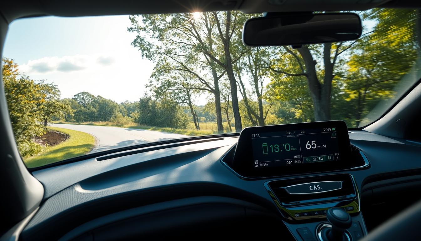 A modern, sleek hybrid car glides along a winding, tree-lined road, surrounded by lush greenery and a serene, cloudless sky. The vehicle's dashboard displays detailed fuel economy ratings, providing a clear understanding of its exceptional efficiency. Sunlight filters through the car's panoramic windows, casting a warm, natural glow across the interior. The overall scene conveys a sense of environmental harmony, showcasing the 2025 hybrid's ability to deliver both performance and sustainability.