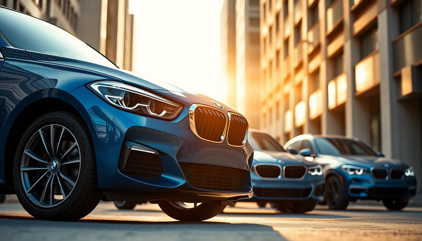 2025 BMW 1 Series trims in a cinematic urban street scene, the sleek blue body reflecting the warm sunlight. The low-angle perspective highlights the bold design, with the muscular front fascia, slim LED headlights, and distinctive kidney grille taking center stage. The hatchback silhouette is complemented by the angular shoulder line and sculpted rear haunches, showcasing the model's dynamic presence. The diverse trim levels are displayed in a clean, organized layout, allowing the viewer to appreciate the subtle design differences and available customization options.