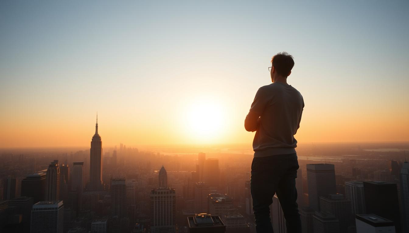 A serene morning skyline, a person silhouetted against the rising sun, gazing out over a sprawling city. The scene conveys a sense of freedom and accomplishment, but there's a hint of wistfulness in the figure's posture. The cityscape below, while impressive, also suggests the trappings of traditional success - the towering skyscrapers, the bustling streets. This image captures the duality of the &quot;traditional FIRE&quot; movement, the promise of financial independence and early retirement, juxtaposed with the underlying pressures and expectations of mainstream society.