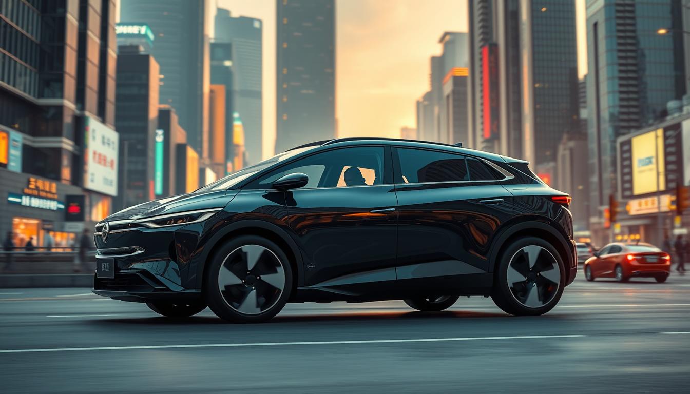 A sleek and futuristic Li Auto electric vehicle glides through the bustling streets of a modern Chinese metropolis. Precision-engineered body panels reflect the city's neon-tinged skyline, bathed in warm, cinematic lighting that accentuates the EV's muscular, aerodynamic silhouette. The extended-range electric powertrain hums quietly, ready to whisk the driver and passengers to their destination with effortless, emissions-free power. In the background, the towering skyscrapers of this thriving tech hub lend an air of innovation and progress, setting the stage for Li Auto's position as a rising electric vehicle giant driving global EV advancements.