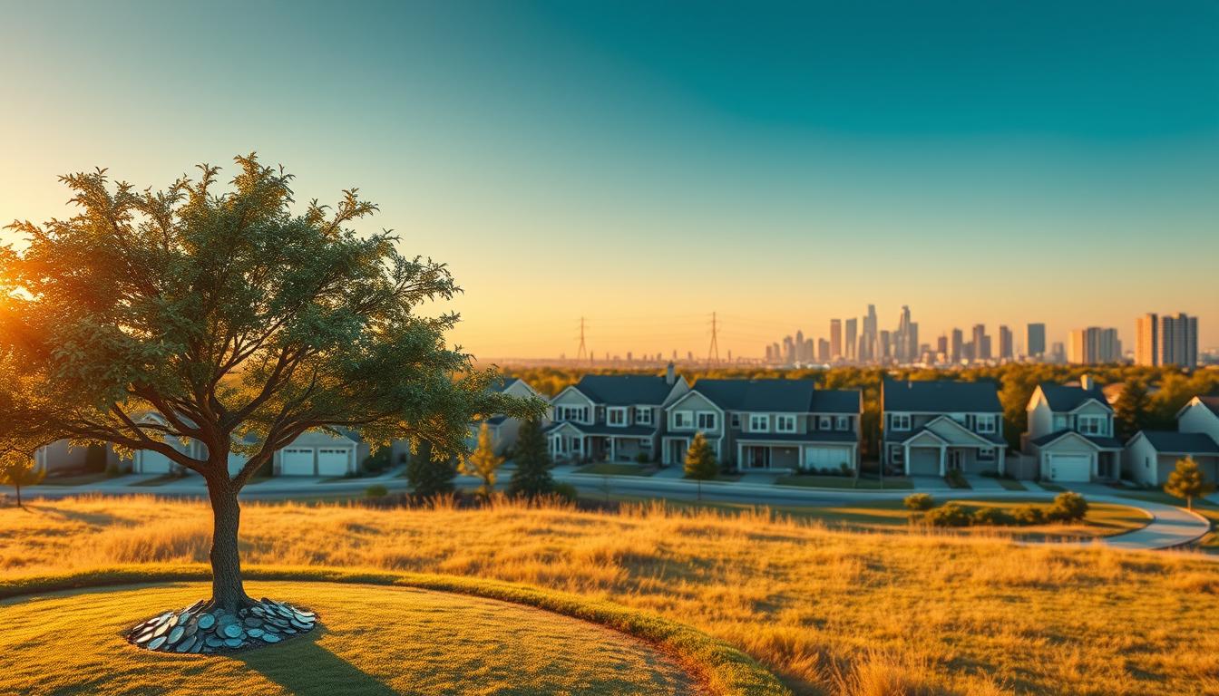 A serene suburban landscape at golden hour, showcasing the gradual expansion of a real estate portfolio. In the foreground, a money tree casts a warm glow, its branches laden with shimmering coins symbolizing compounding growth. In the middle ground, a series of modern townhomes and duplexes stand proudly, reflecting the strategic acquisition and development of multiple properties. The background features a striking cityscape, hinting at the broader financial ecosystem and digital investing visuals that enable this long-term growth. The entire scene is bathed in a cinematic, aspirational light, capturing the essence of smart real estate reinvestment for long-term prosperity.