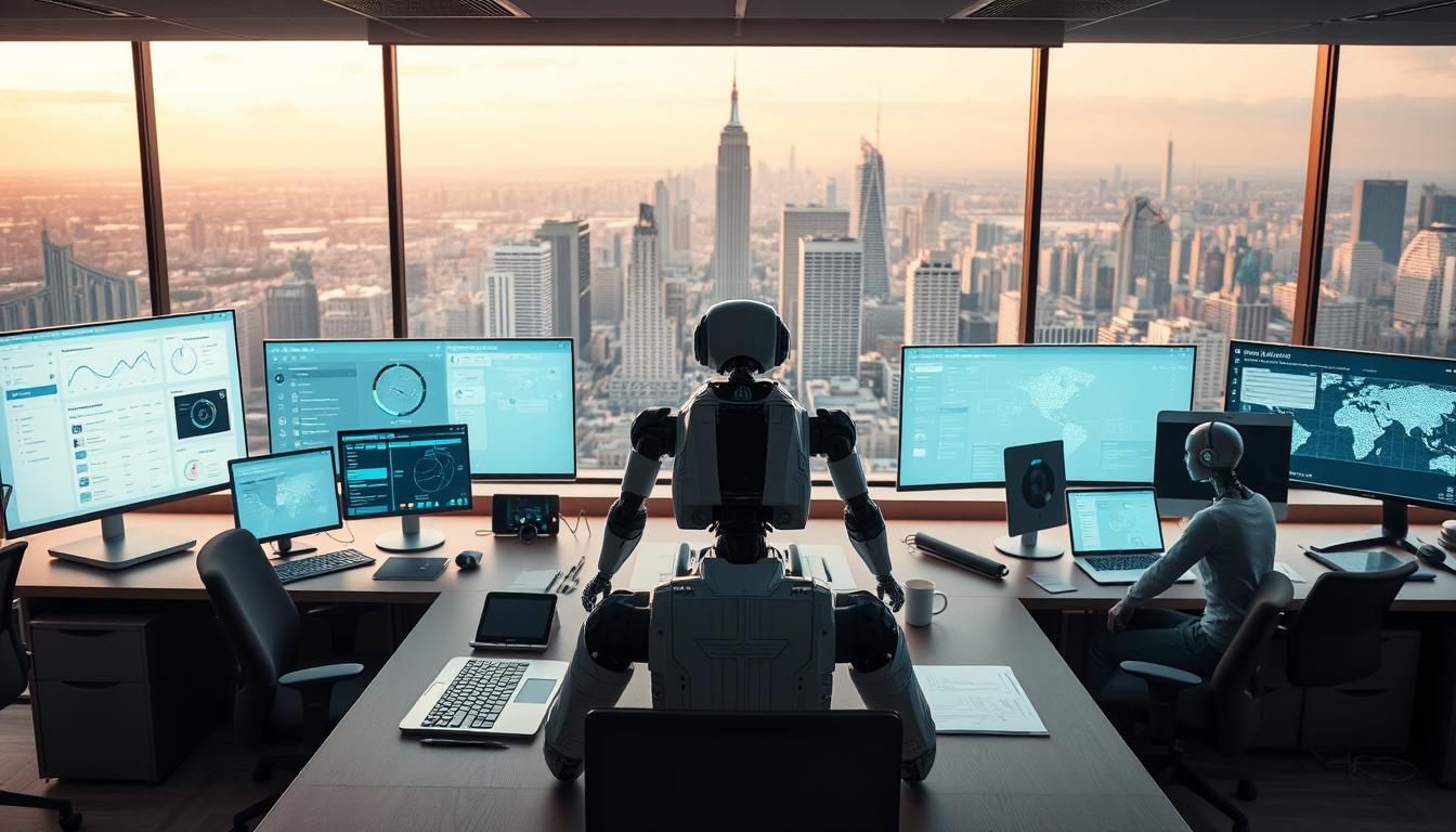 A serene office workspace with an expansive desk showcasing a variety of no-code automation platforms. In the foreground, intuitive dashboards and glowing visual workflows illustrate the power of these AI-driven tools. In the middle ground, robotic assistants collaborate with human operators, seamlessly bridging the gap between technology and business. The background features a panoramic view of a bustling metropolis, highlighting the scalability and versatility of these no-code solutions. Warm lighting and a minimalist aesthetic create a calming, productive atmosphere, inviting the viewer to explore the endless possibilities of automated business operations.