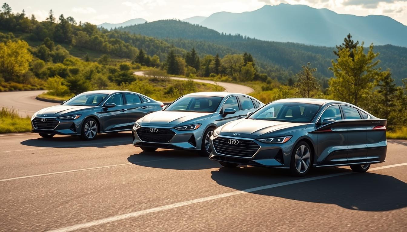 A scenic highway winding through a lush, verdant landscape, with three sleek, midsize hybrid sedans in the foreground, showcasing their aerodynamic profiles and eco-friendly design. The cars are bathed in soft, natural lighting, highlighting their metallic finishes and the efficient hybrid powertrains that propel them. In the background, a picturesque mountain range rises, creating a serene and tranquil atmosphere. The scene conveys the harmony between fuel-efficient technology and the beauty of the natural world, perfectly capturing the essence of the &quot;Top Midsize Hybrid Sedans for Efficiency&quot; in the 2025 eco-friendly automotive landscape.