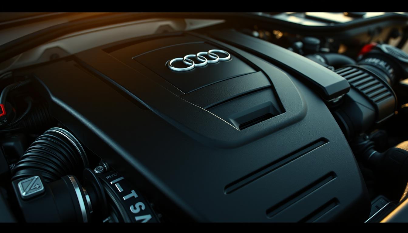 A detailed, high-resolution close-up view of the powerful 2025 Audi A5 engine, showcased against a backdrop of a scenic mountain road. The engine is meticulously rendered, with its intricate mechanical components, sleek TFSI badging, and Quattro all-wheel-drive system clearly visible. Dramatic lighting illuminates the engine's sculptural design, creating a sense of technical sophistication and performance. The image is captured from a dynamic angle, emphasizing the engine's might and the vehicle's inherent athleticism. This visually compelling depiction seamlessly aligns with the &quot;Powertrain Options and Performance&quot; section of the article, highlighting the engineering excellence that defines the 2025 Audi A5.