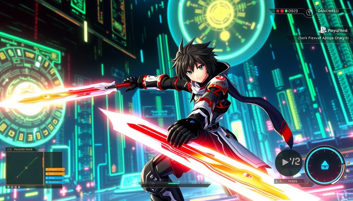 Haseo, the protagonist of .hack//G.U. Vol.1//Rebirth, wielding dual swords in a dynamic anime-inspired pose, set against a futuristic digital landscape. Glowing data streams and holographic elements create a captivating cyberpunk atmosphere. Intricate UI elements and HUD details seamlessly integrate into the environment, showcasing the advanced gameplay mechanics and systems of this iconic PS2 RPG.