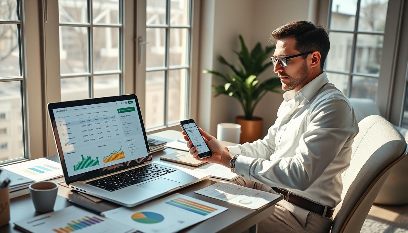 A neatly organized home office with sleek silver laptop, displaying a financial dashboard with automated bill payment options. Sunlight streams through large windows, casting a warm glow across the desk covered in color-coded charts and spreadsheets. A stylish smartphone showcases multiple bank account balances, creating an efficient personal finance system. The entrepreneur, dressed in a crisp button-down and slacks, reviews the seamless digital bill management with a confident expression, demonstrating a well-oiled financial routine.