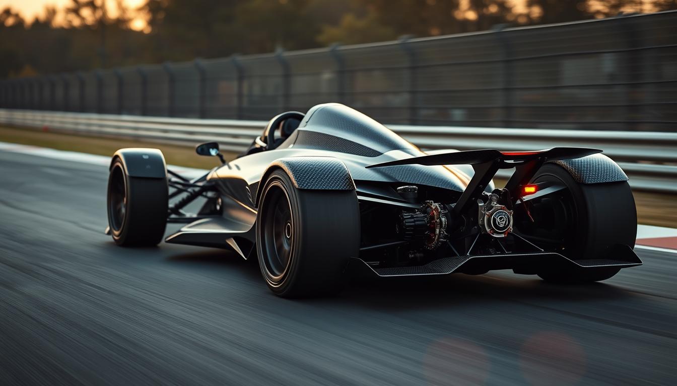 A sleek, carbon fiber-clad 2020 BAC Mono One single-seater tearing through a racetrack, its powerful engine roaring under cinematic lighting. Meticulously crafted details of the vehicle's technical specifications are captured in sharp focus, while the background is softened by a gentle motion blur, conveying a sense of speed and performance. The dynamic composition and dramatic lighting create an atmosphere of raw power and engineering excellence, perfectly showcasing the 2020 BAC Mono One as the ultimate street-legal track weapon.