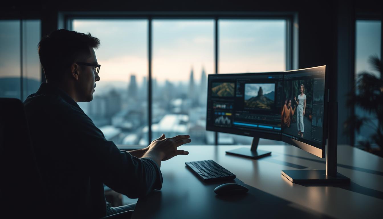 A professional video editor sits at a sleek, minimalist workstation, their hands deftly navigating the software interface. Dramatic cinematic lighting casts dynamic shadows, emphasizing the focus and precision of their movements. In the background, a blurred cityscape or serene natural environment provides a subtle, calming backdrop, hinting at the creative possibilities unlocked by their video editing skills. The overall scene conveys a sense of expertise, innovation, and the transformative power of video content creation.