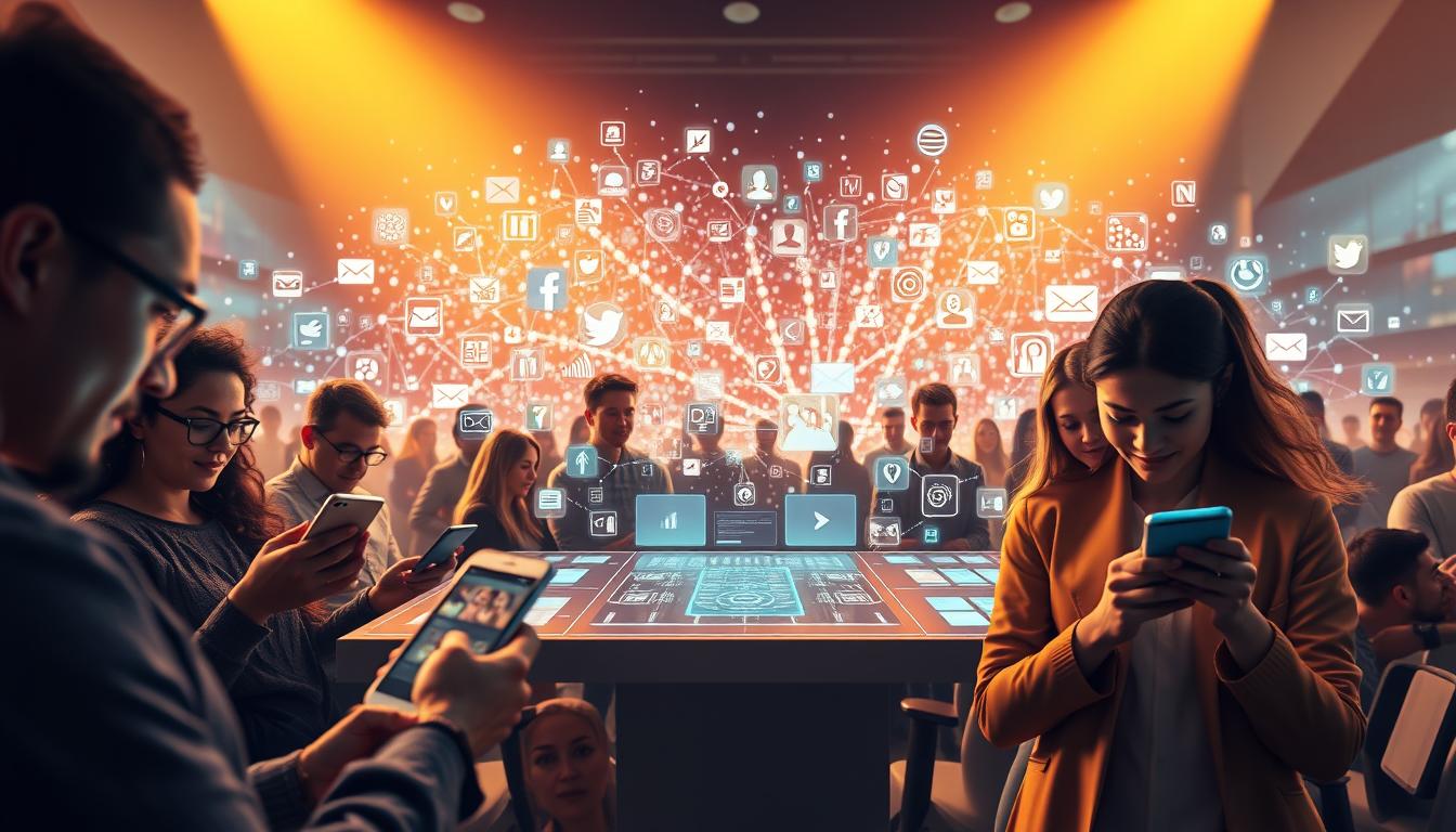 A vibrant, dynamic digital landscape showcasing the power of social media strategy. In the foreground, a group of diverse individuals engrossed in their mobile devices, their expressions animated as they engage with an array of social platforms. The middle ground features a sleek, minimalist control panel, its holographic interfaces and data visualizations guiding the strategic curation of online communities. In the background, a kaleidoscope of social media icons, hashtags, and digital connections swirl, creating a sense of boundless potential. Warm, directional lighting illuminates the scene, casting a glow of productivity and innovation. Captured through a wide-angle lens, the composition conveys the comprehensive, multifaceted nature of a successful social media strategy.
