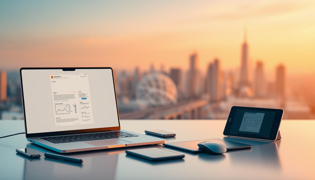 A sleek, minimalist digital workspace with a focus on user experience design. In the foreground, a stylized laptop displays a wireframe UI, its screen glowing softly under warm, indirect lighting. Surrounding it, an array of design tools and devices - a tablet, a smartphone, a mouse, and a pen tablet - are neatly arranged, creating a harmonious, organized composition. The middle ground features a large, abstract wireframe model, hinting at the complexity and attention to detail required in crafting intuitive digital experiences. In the background, a blurred city skyline suggests the urban, fast-paced environment where these design skills are in high demand. The overall mood is one of efficiency, creativity, and the pursuit of seamless, user-centric digital solutions.